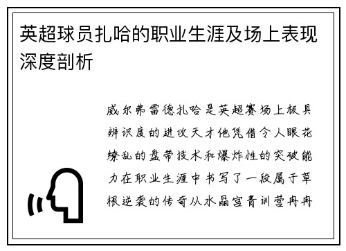 英超球员扎哈的职业生涯及场上表现深度剖析